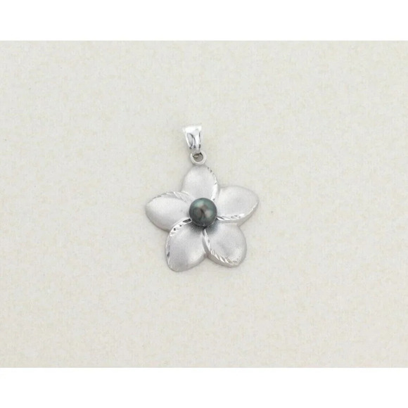 Pendant Only Large 14k White Gold Black Pearl Plumeria Flower Pendant - Picture 4 of 6